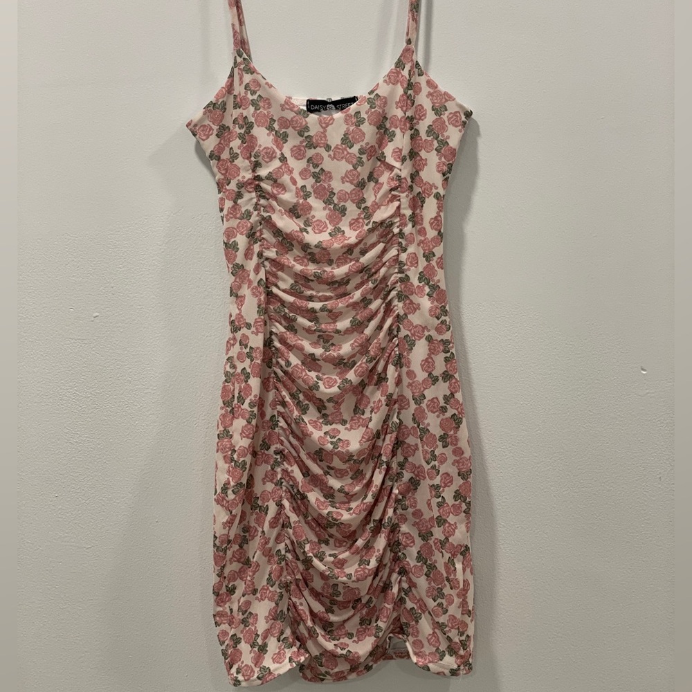 Pink Floral Ruched Mini Dress